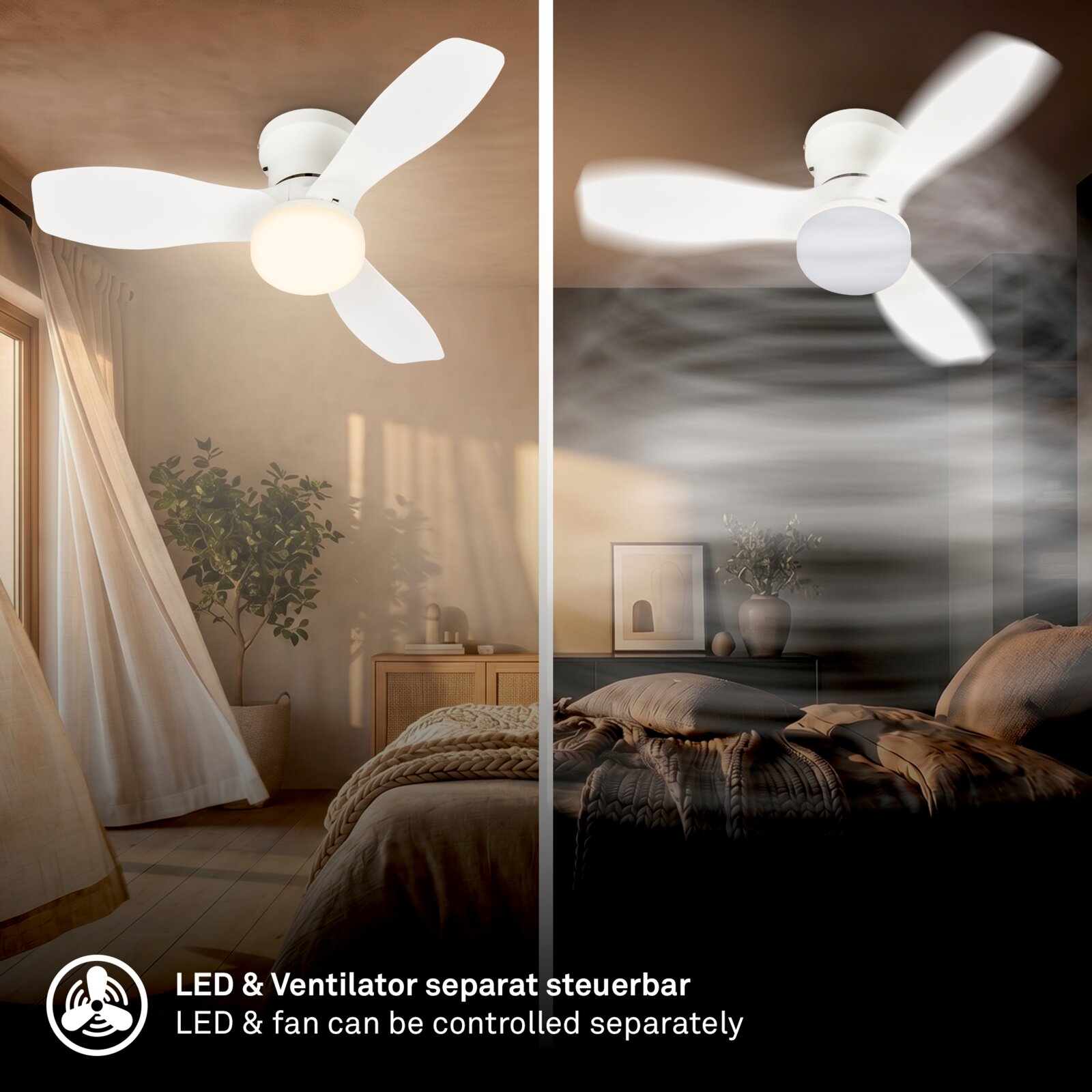Weißer Deckenventilator mit vier Flügeln und integrierter LED-Leuchte, in zwei Schlafzimmer-Szenen aus der Untersicht gezeigt; Licht und Ventilator sind separat steuerbar.