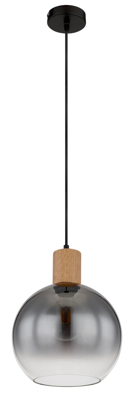 Moderne Hängeleuchte mit rauchgrauem Glasschirm und Holzelement, seitliche Perspektive