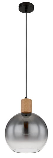 Moderne Hängeleuchte mit rauchgrauem Glasschirm und Holzelement, seitliche Perspektive