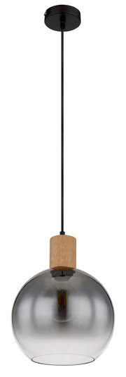 Moderne Hängeleuchte mit rauchgrauem Glasschirm und Holzelement, seitliche Perspektive