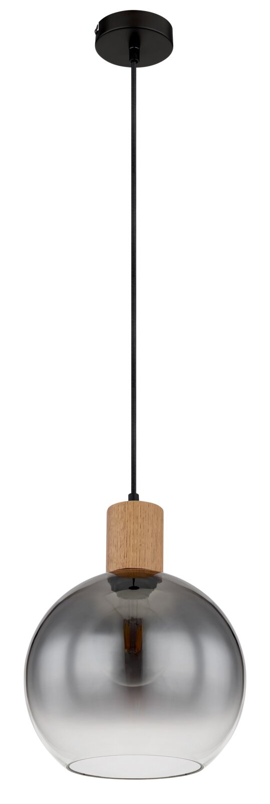 Moderne Hängeleuchte mit rauchgrauem Glasschirm und Holzelement, seitliche Perspektive