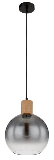 Moderne Hängeleuchte mit rauchgrauem Glasschirm und Holzelement, seitliche Perspektive