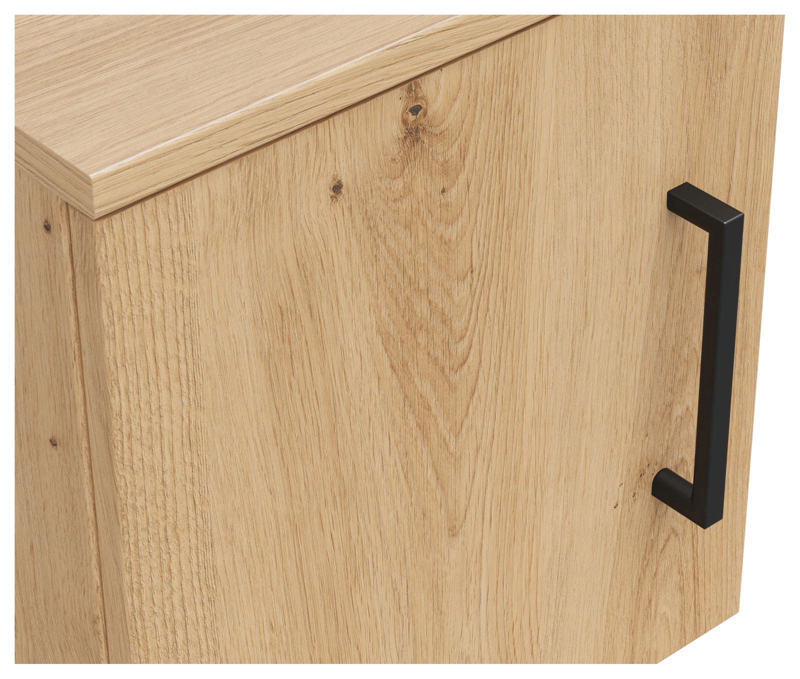Nahaufnahme eines Aufsatzschranks aus hellem Holz mit schwarzem Griff, seitliche Perspektive