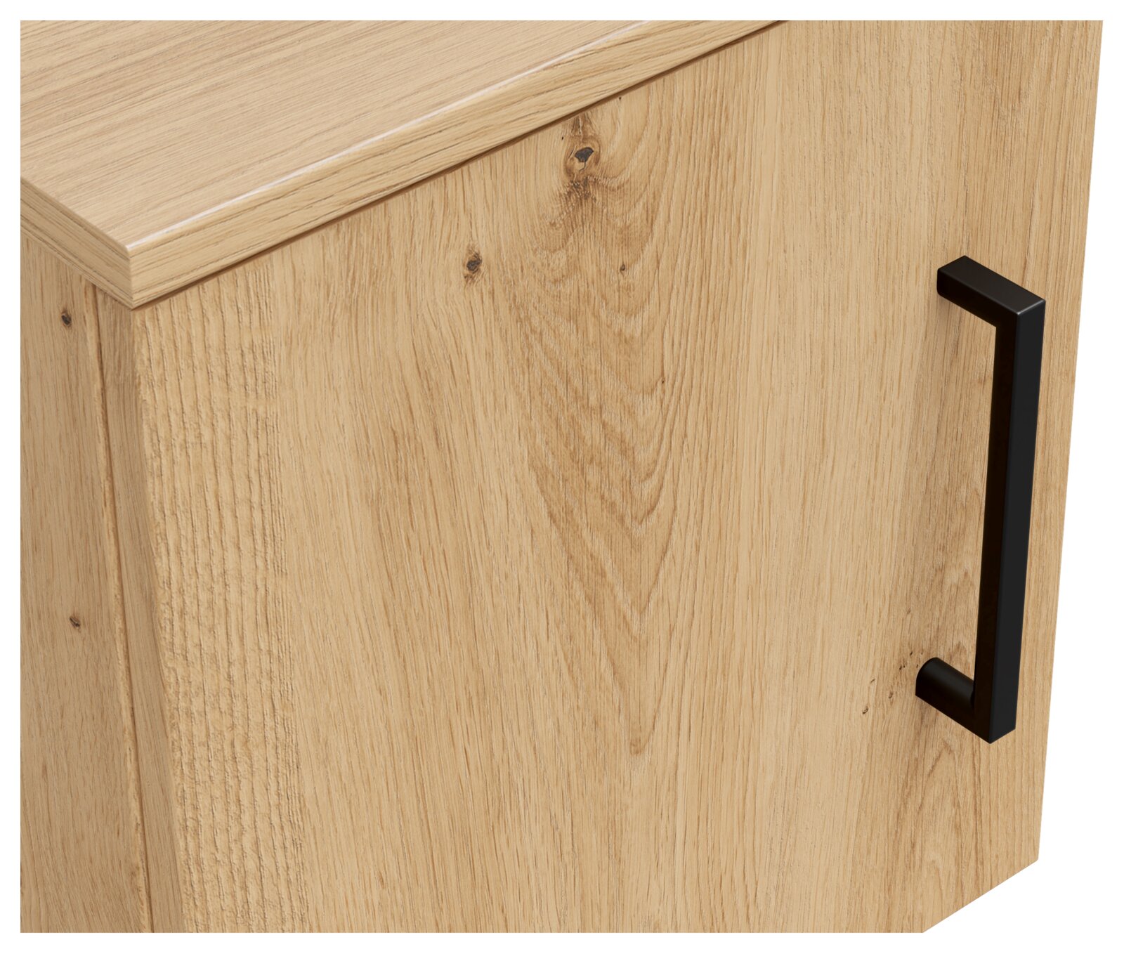 Nahaufnahme eines Aufsatzschranks aus hellem Holz mit schwarzem Griff, seitliche Perspektive