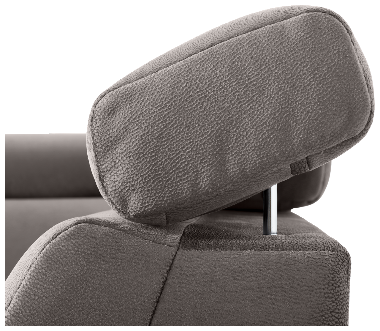 Nahaufnahme einer verstellbaren Kopfstütze eines Sofas in grauem Stoff.