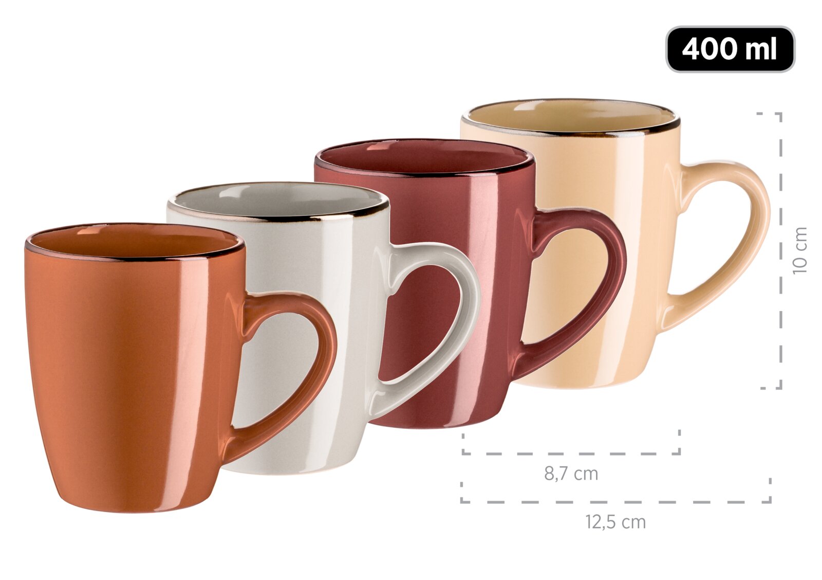 Vier glänzende Keramik-Kaffeebecher mit Henkel in Orange, Weiß, Bordeaux und Beige (400 ml), Maße ca. 10 cm hoch und 12,5 cm breit, frontal in leicht schräger Seitenansicht vor weißem Hintergrund.