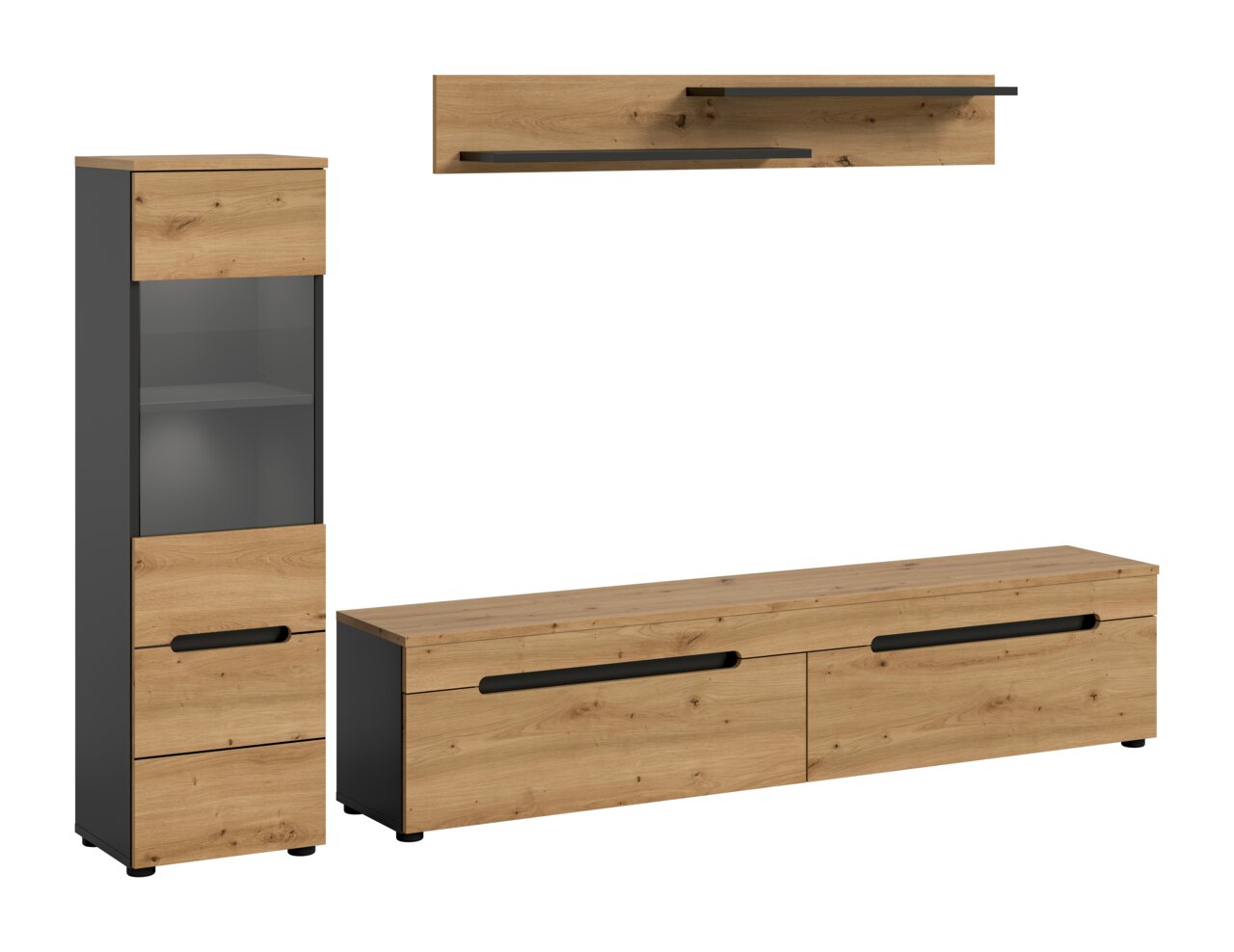 MID.YOU Wohnkombination CANU Modernes Wohnzimmermöbel-Set in Holzoptik mit anthrazitfarbenen Seiten: hohe Vitrine mit Glaseinsatz und Schubladen, niedriges TV-Lowboard mit zwei Schubladen sowie Wandboard; dargestellt in schräger Frontansicht.