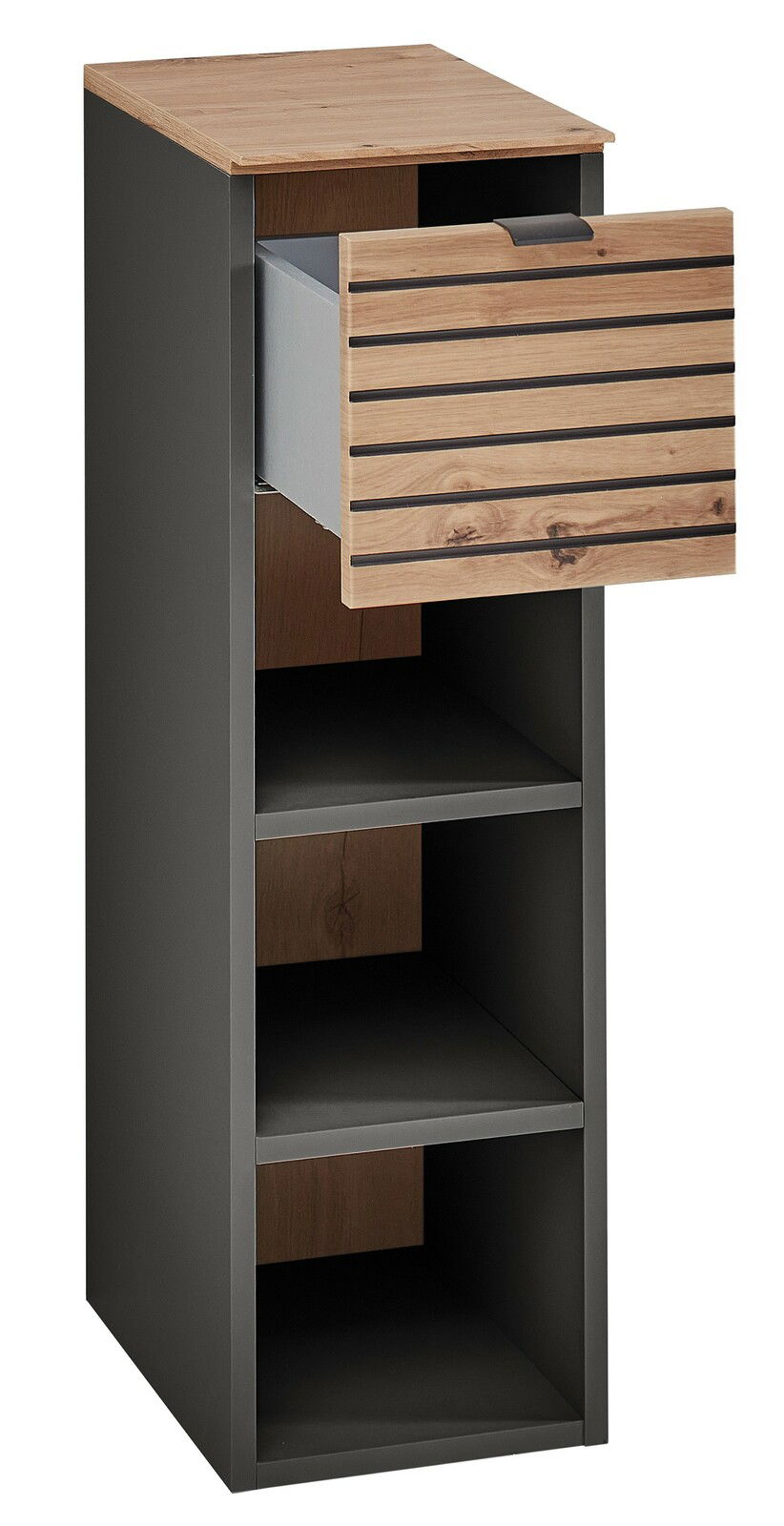 Hängeregal mit Holzoptik und offener Schublade, seitliche Perspektive