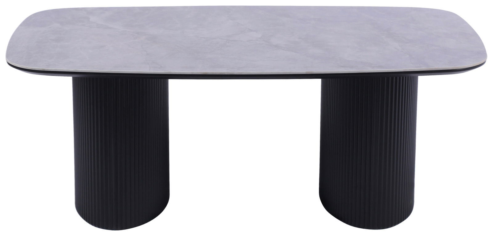 Moderner Couchtisch mit rechteckiger, grauer Tischplatte und zwei schwarzen, geriffelten Säulen als Beine, Frontalansicht.