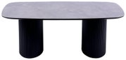 Moderner Couchtisch mit rechteckiger, grauer Tischplatte und zwei schwarzen, geriffelten Säulen als Beine, Frontalansicht.