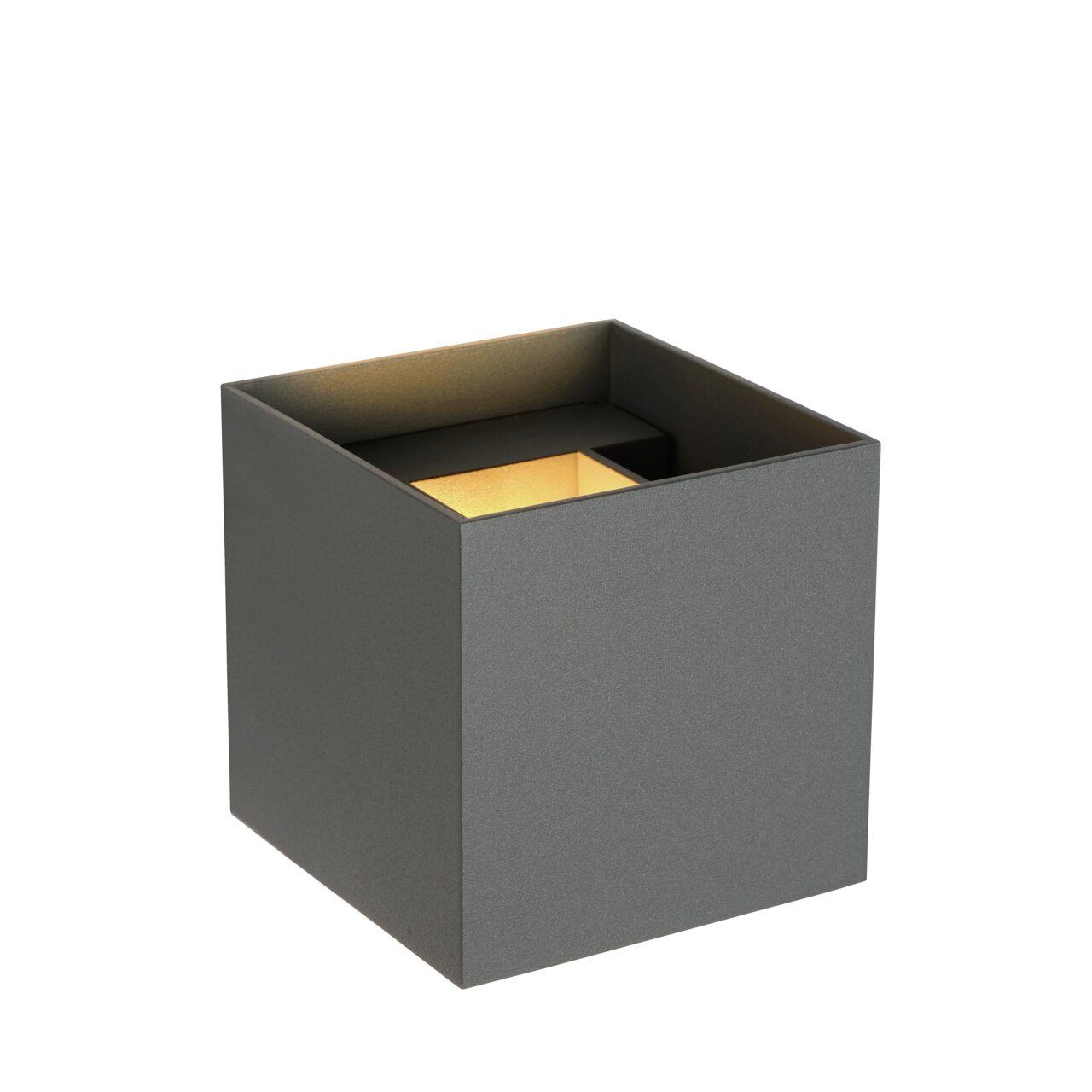 Moderne, graue Wandleuchte XIO in kubischer Form, seitliche Perspektive