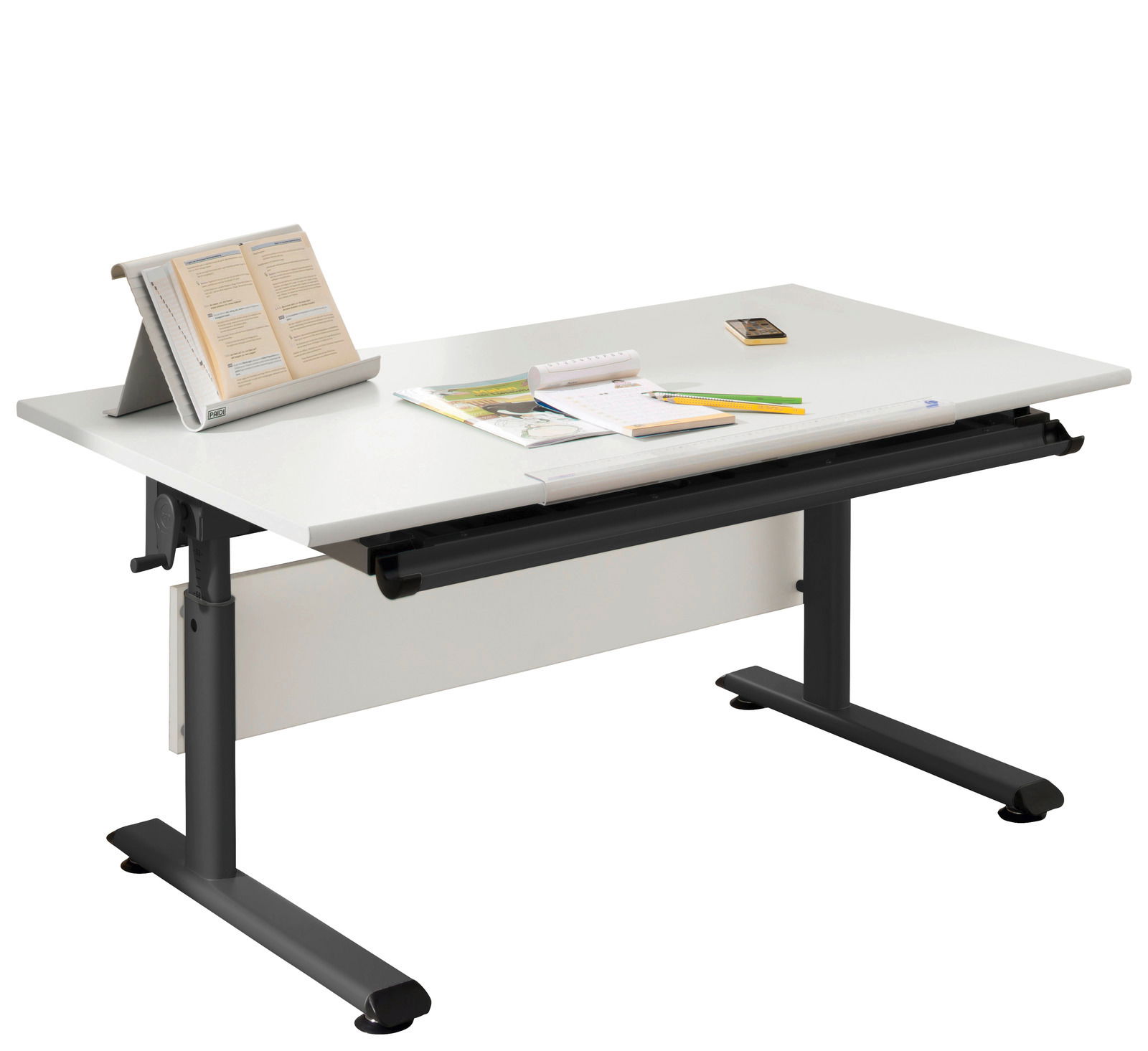 Paidi Schreibtisch MARCO2 Moderner Schreibtisch mit weißer Tischplatte und schwarzem Gestell, seitliche Perspektive, mit Büchern und Schreibutensilien darauf.