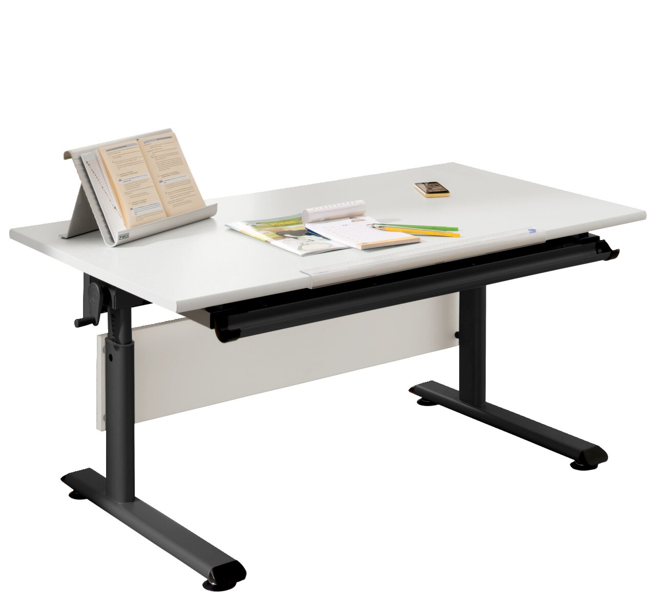 Paidi Schreibtisch MARCO2 Moderner Schreibtisch mit weißer Tischplatte und schwarzem Gestell, seitliche Perspektive, mit Büchern und Schreibutensilien darauf.