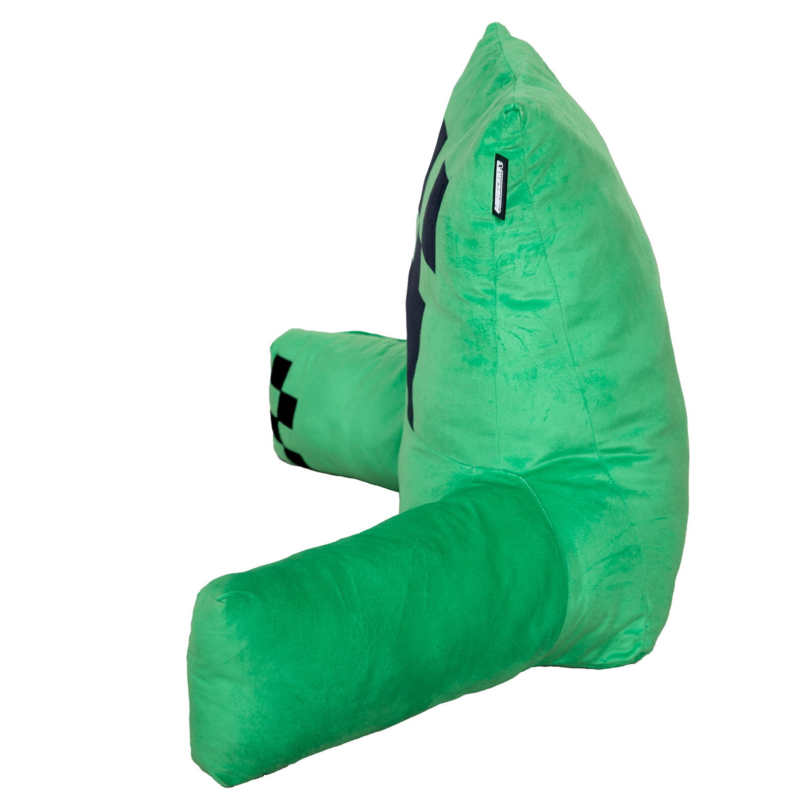 Grünes, samtiges Gaming-Kissen mit Rückenlehne und zwei Armstützen, seitliche Ansicht in leichter Schrägperspektive vor weißem Hintergrund