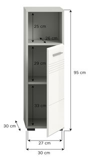 Standschrank mit drei Fächern, offene Tür, Maße: 95 cm hoch, 30 cm breit, 30 cm tief, Frontansicht
