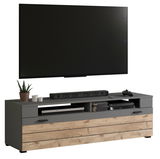 Frontale Ansicht eines modernen Lowboards mit Holz- und Grautönen, dekoriert mit Pflanzen und Elektronikgeräten.