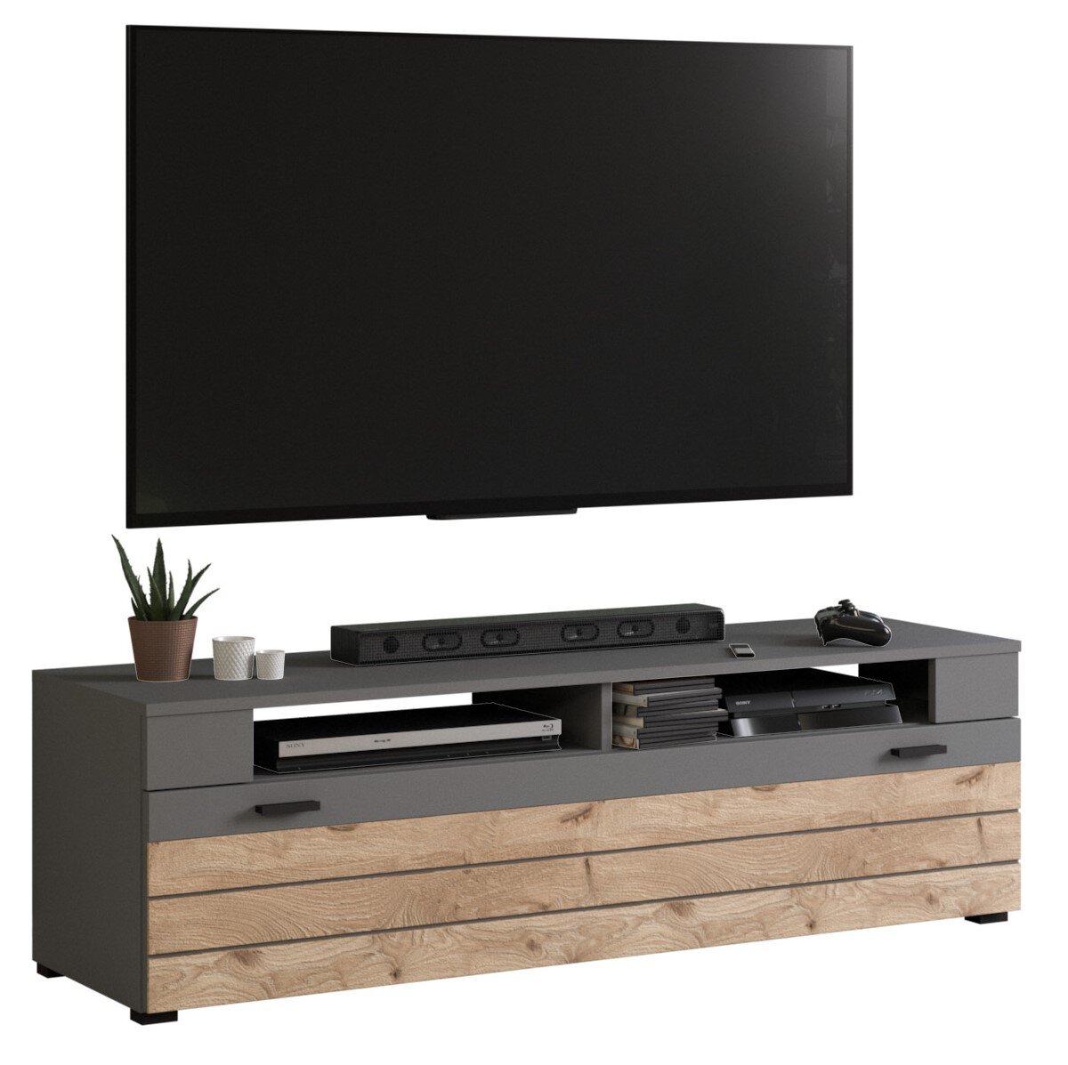 Frontale Ansicht eines modernen Lowboards mit Holz- und Grautönen, dekoriert mit Pflanzen und Elektronikgeräten.