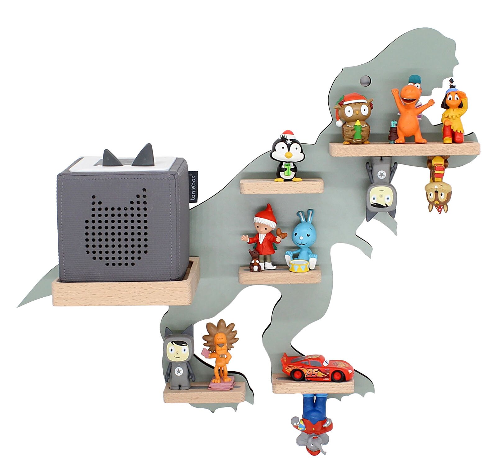 Wandregal in Dinosaurier-Form in Grau mit mehreren kleinen Holzablagen und einer grauen Toniebox, dekoriert mit verschiedenen Tonie-Figuren Produktansicht frontal