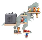 Wandregal in Dinosaurier-Form in Grau mit mehreren kleinen Holzablagen und einer grauen Toniebox, dekoriert mit verschiedenen Tonie-Figuren; Produktansicht frontal