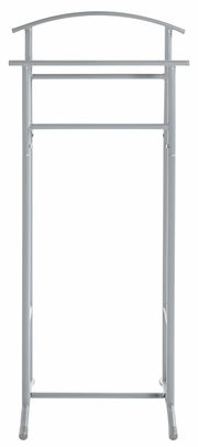 Frontansicht eines silbernen Herrendieners mit gebogenem oberen Rahmen und zwei Kleiderstangen.