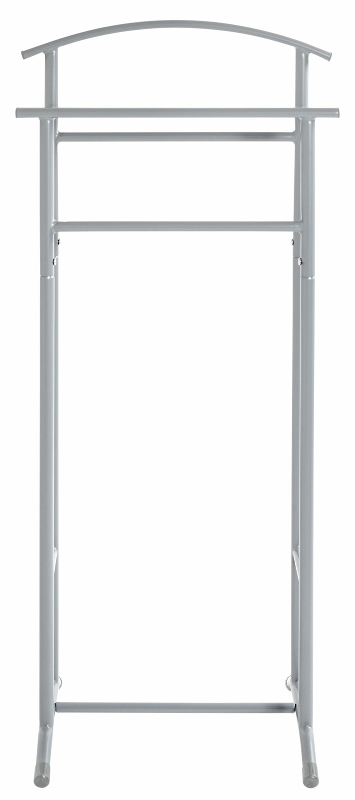 Frontansicht eines silbernen Herrendieners mit gebogenem oberen Rahmen und zwei Kleiderstangen.