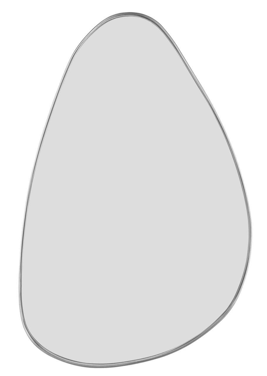 Moderner, asymmetrischer Spiegel mit schmalem Rahmen, aus der Vorderansicht fotografiert.