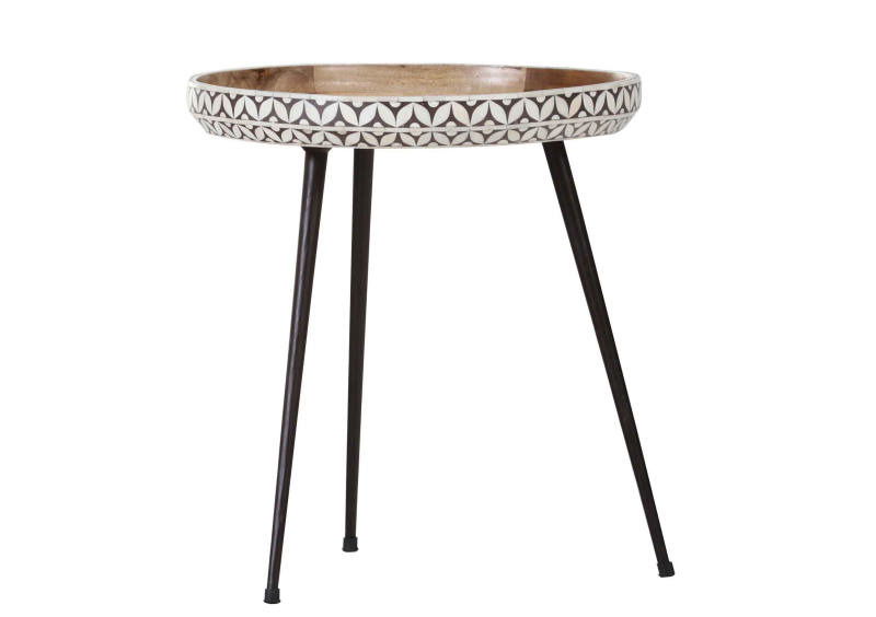 Landscape Beistelltisch GATSBY Runder Beistelltisch mit dekorativem Randmuster und drei schlanken Metallbeinen, seitliche Perspektive
