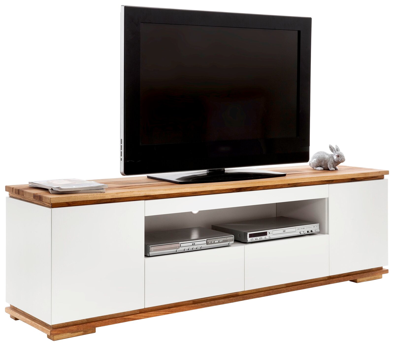 Zurbrüggen TV-Lowboard CHIARO TV-Lowboard CHIARO in Weiß mit Holzoberfläche, frontal abgebildet, mit Fernseher und Dekoration.