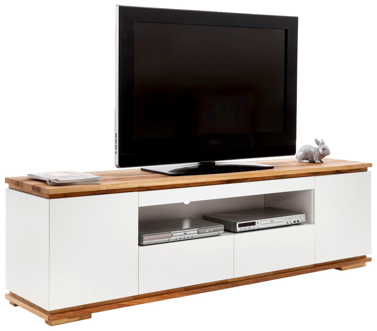 Zurbrüggen TV-Lowboard CHIARO TV-Lowboard CHIARO in Weiß mit Holzoberfläche, frontal abgebildet, mit Fernseher und Dekoration.