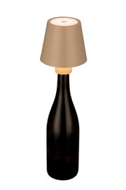 Akku-Tischleuchte auf einer Flasche montiert, seitliche Perspektive