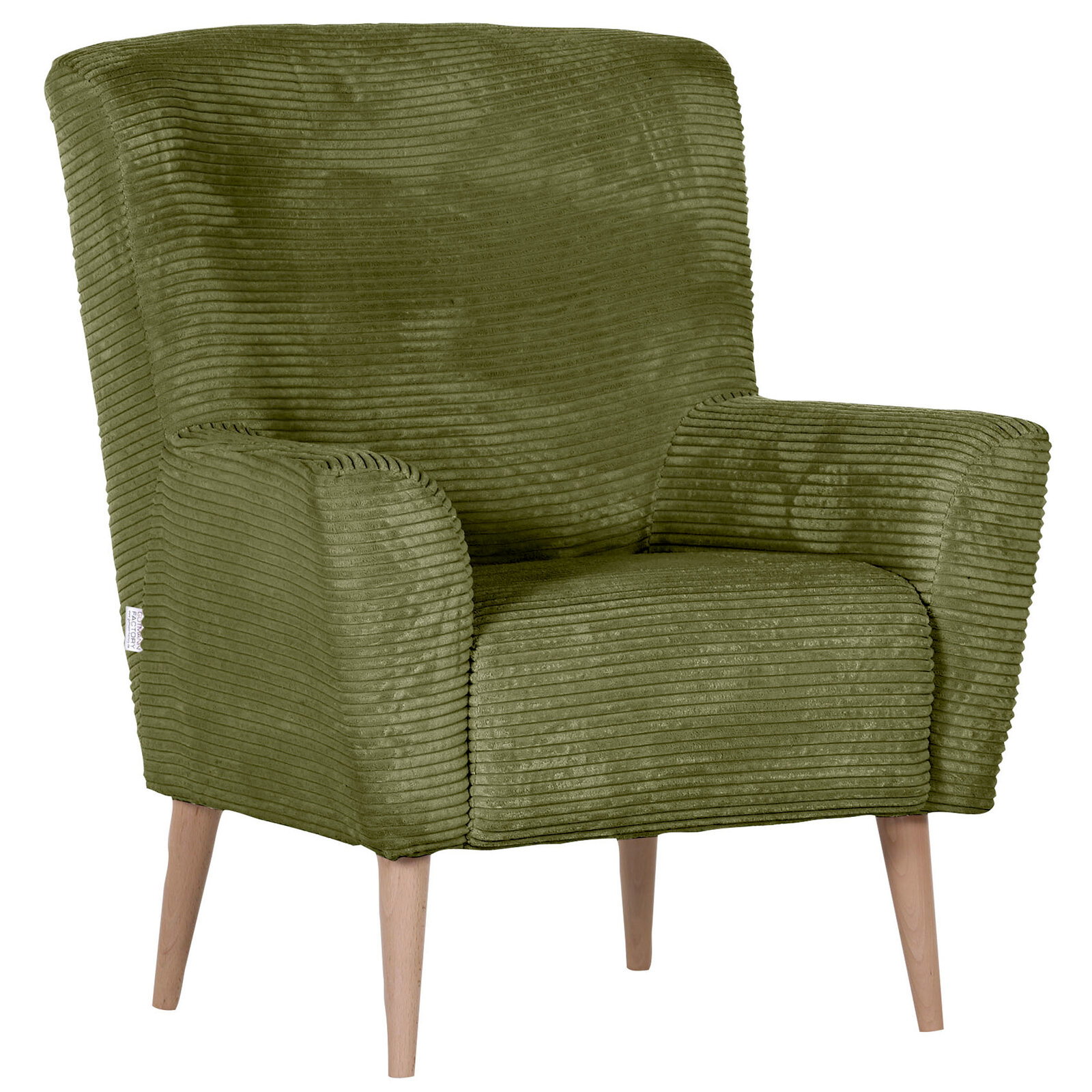 Stylife Sessel ATELLA Grüner Cord-Sessel mit breiten Armlehnen und hellen Holzbeinen, freigestellt auf weißem Hintergrund, in frontaler leicht seitlicher Perspektive