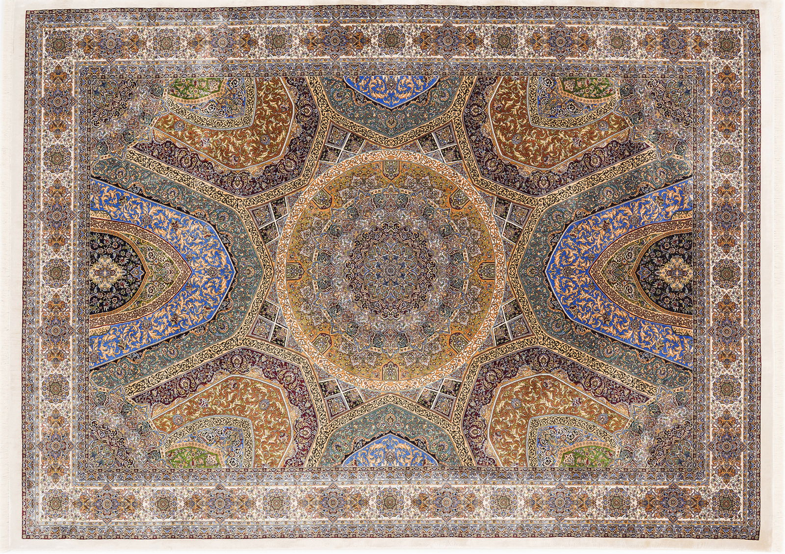 Orientteppich mit komplexem, symmetrischem Muster in verschiedenen Farben, Draufsicht