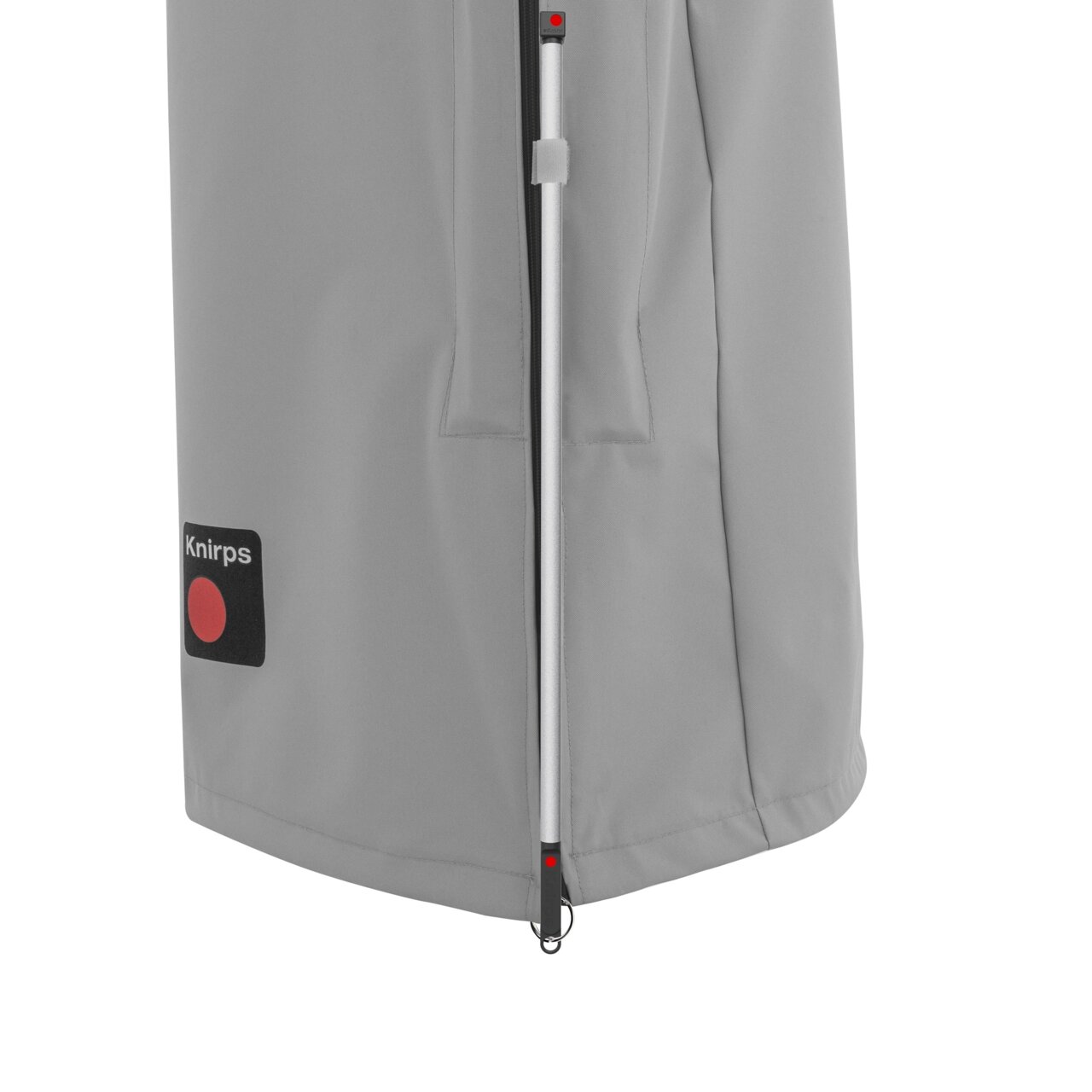 Graue Schirm-Schutzhülle mit Reißverschluss, seitliche Perspektive