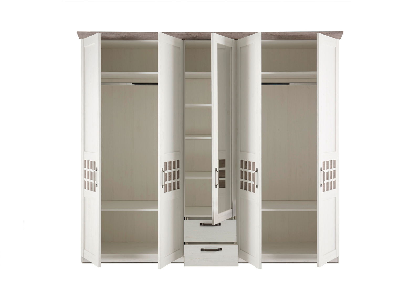 Fünf-türiger Kleiderschrank in Weiß mit geöffneten Türen, zeigt Innenfächer und Schubladen, Frontalansicht.