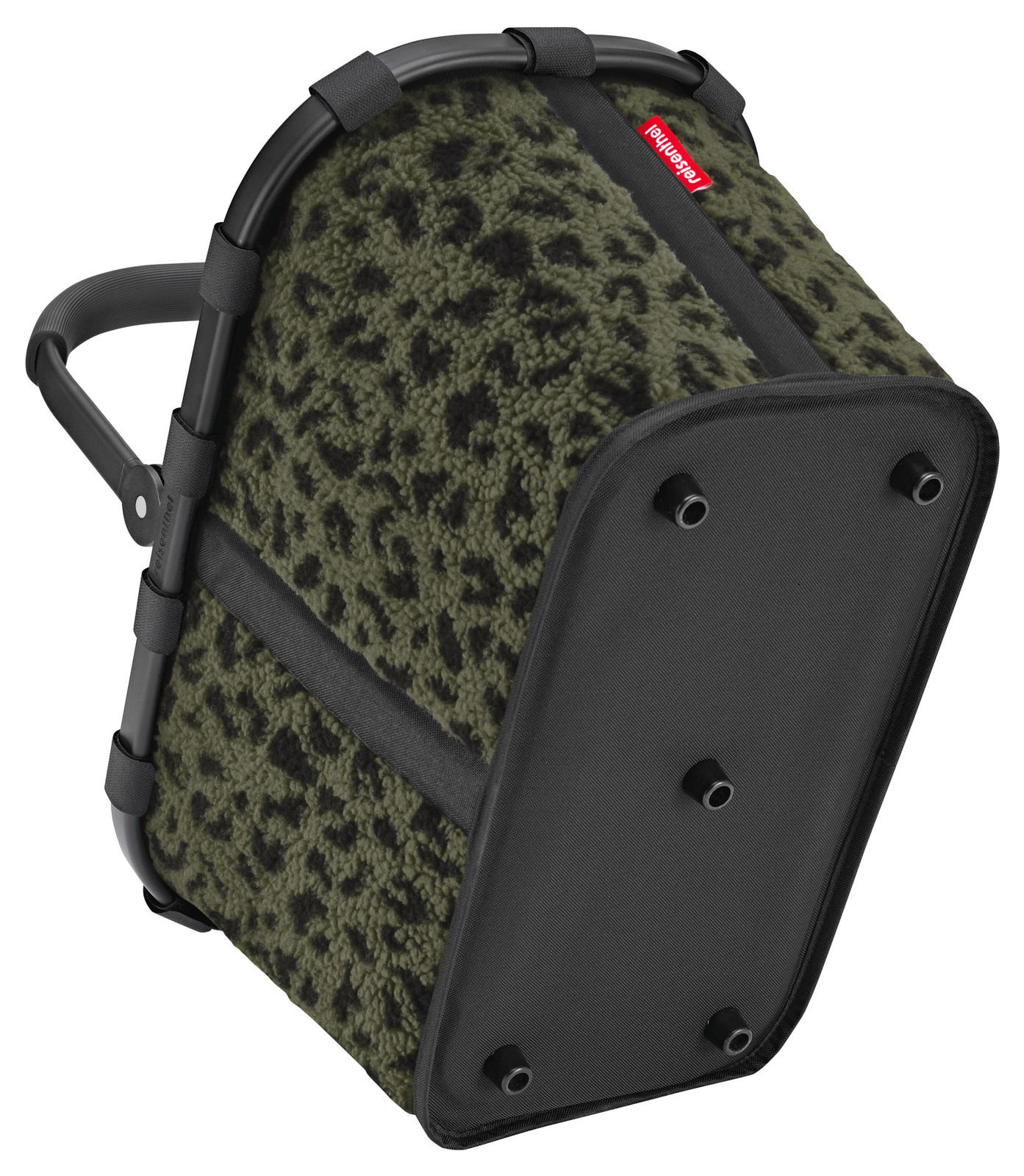 Carrybag mit schwarzem Griff und olivgrünem, gemustertem Stoff, seitliche Perspektive