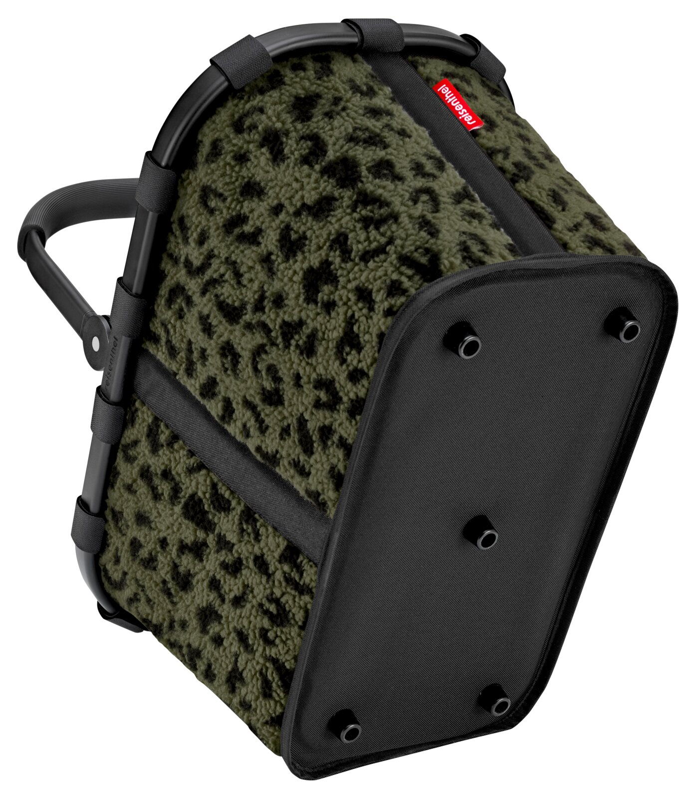 Carrybag mit schwarzem Griff und olivgrünem, gemustertem Stoff, seitliche Perspektive