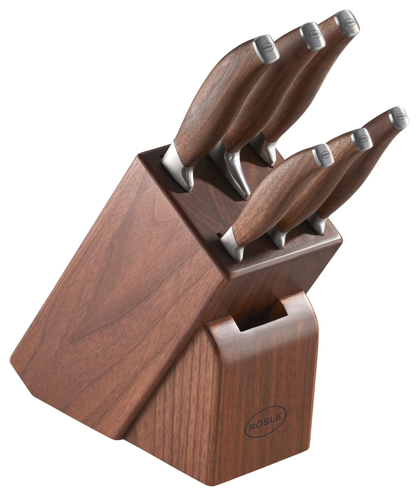 Messerblock aus Walnussholz mit sieben Messern, seitliche Perspektive