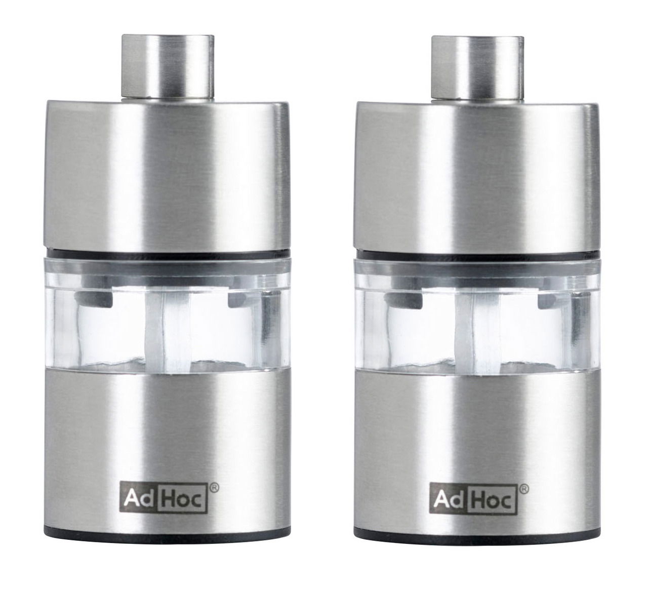 Set aus zwei Edelstahl-Pfeffer- und Salzmühlen, frontal abgebildet, mit transparentem Mittelteil und Ad Hoc Logo.