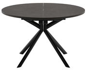 Runder Esstisch mit schwarzer Tischplatte und modernen, schwarzen Metallbeinen, Frontalansicht