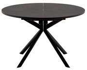 Runder Esstisch mit schwarzer Tischplatte und modernen, schwarzen Metallbeinen, Frontalansicht