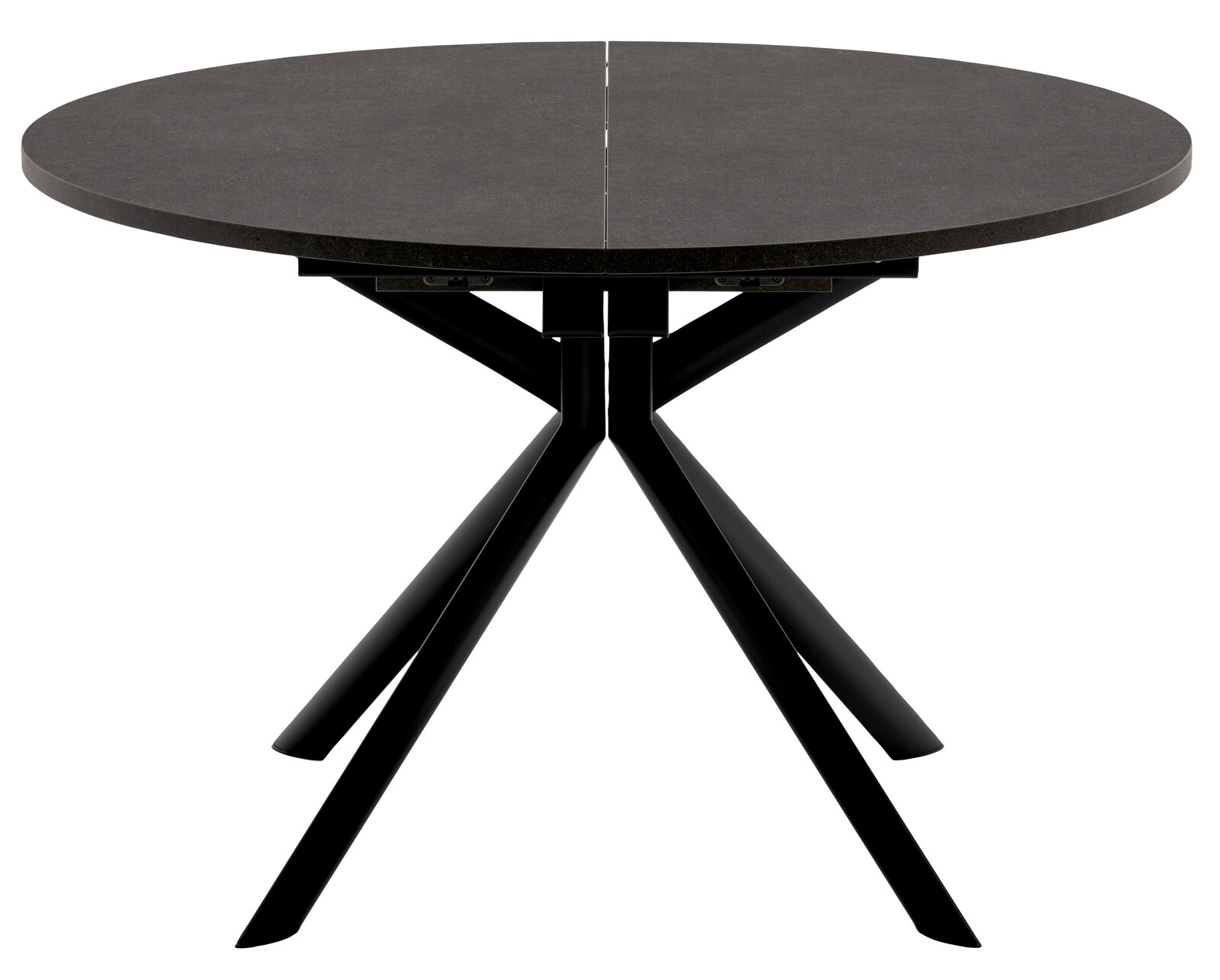 Runder Esstisch mit schwarzer Tischplatte und modernen, schwarzen Metallbeinen, Frontalansicht