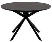 Runder Esstisch mit schwarzer Tischplatte und modernen, schwarzen Metallbeinen, Frontalansicht