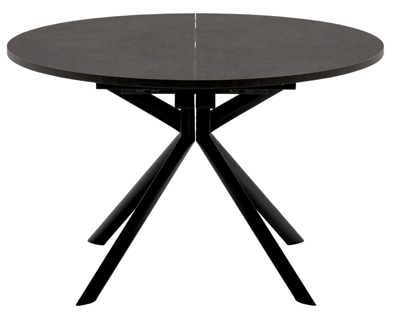 Runder Esstisch mit schwarzer Tischplatte und modernen, schwarzen Metallbeinen, Frontalansicht