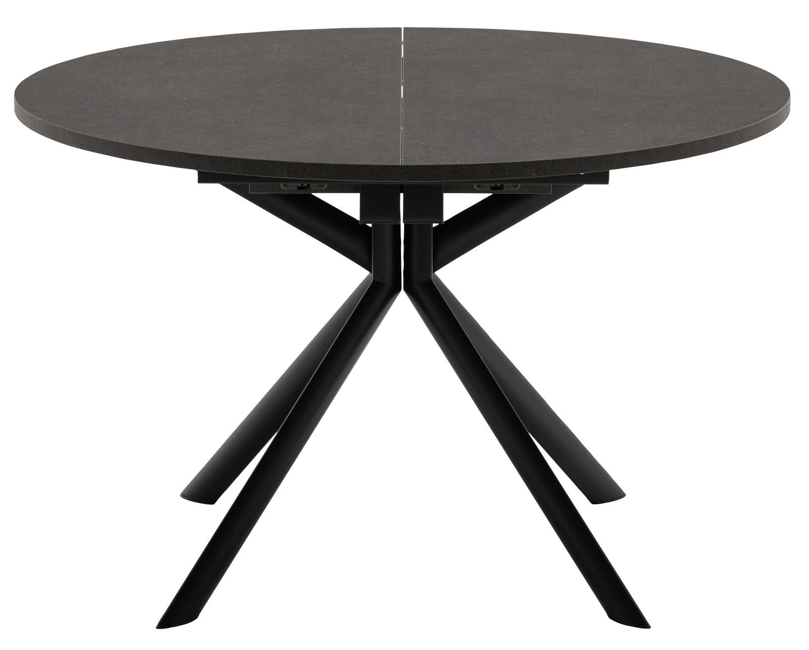 Runder Esstisch mit schwarzer Tischplatte und modernen, schwarzen Metallbeinen, Frontalansicht
