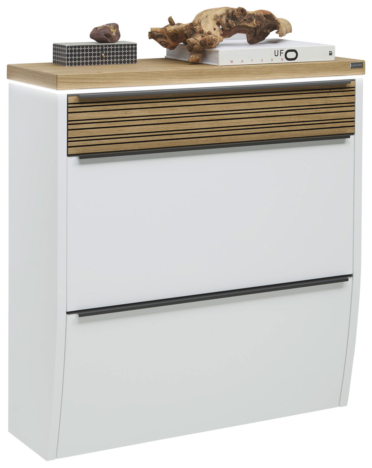 Moderner Hängeschuhschrank mit LED-Beleuchtung, weiß mit Holzdetails, seitliche Perspektive