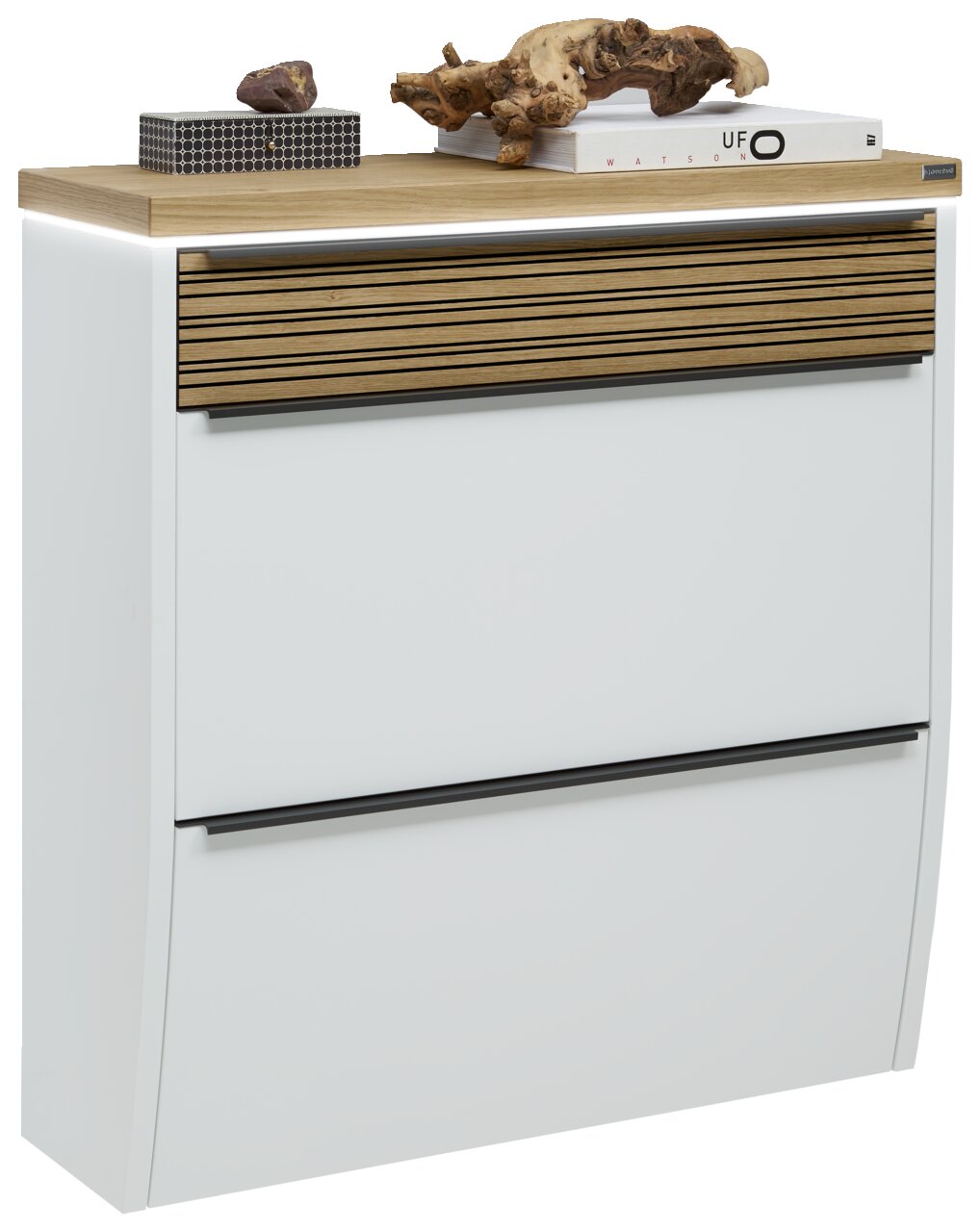 Moderner Hängeschuhschrank mit LED-Beleuchtung, weiß mit Holzdetails, seitliche Perspektive