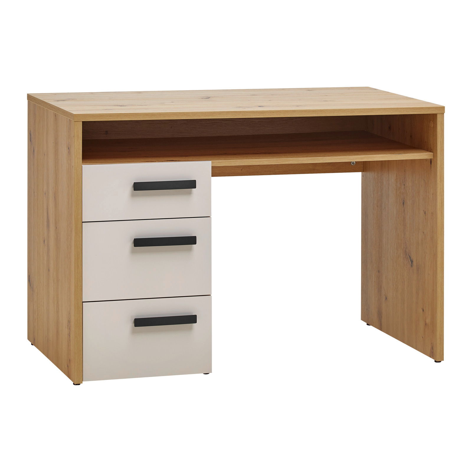 XORA Schreibtisch CASA MIA Moderner Schreibtisch mit drei weißen Schubladen und Holzoptik, seitliche Perspektive