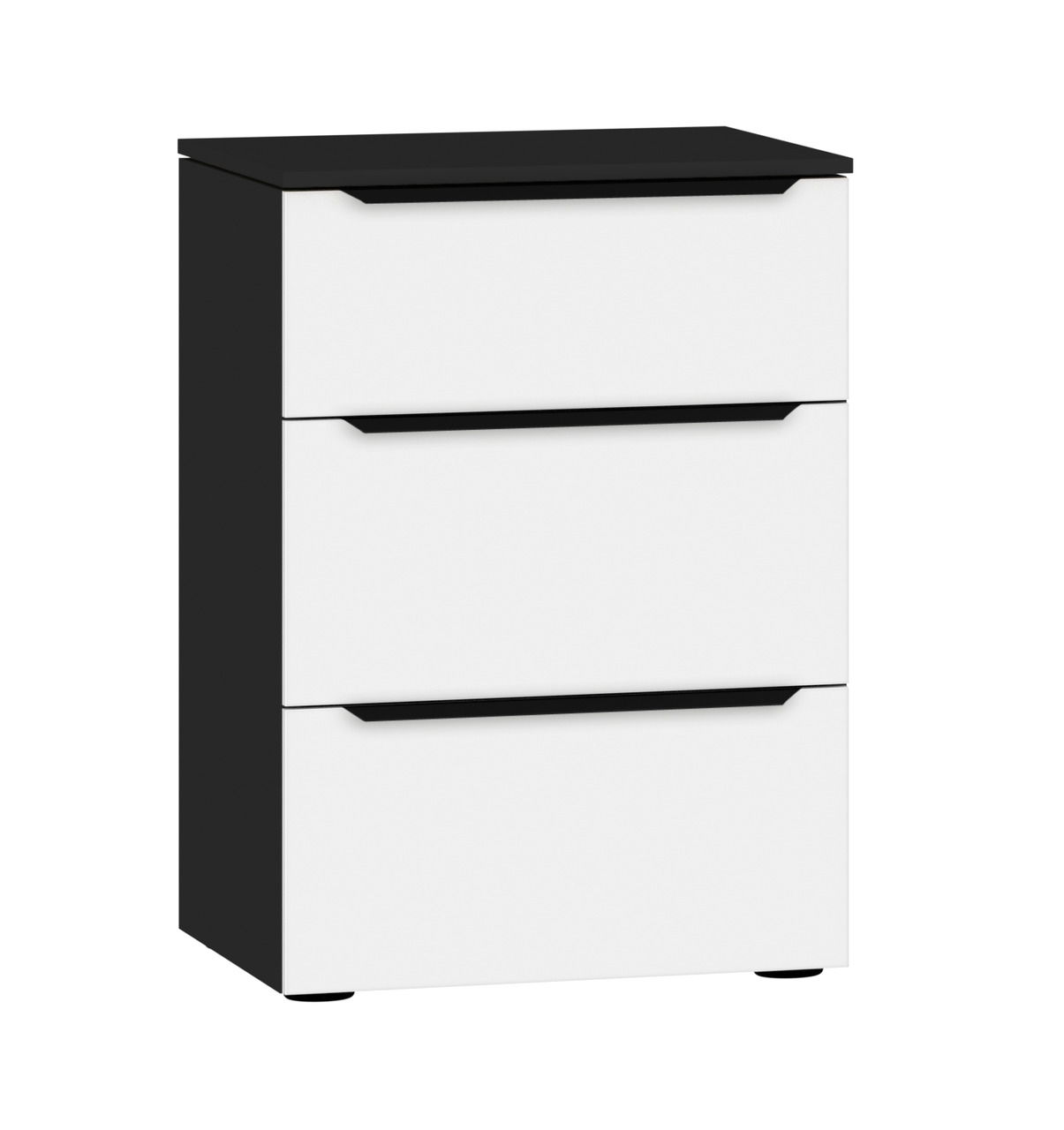 Moderne Nachtkommode mit drei Schubladen in Schwarz-Weiß, seitliche Perspektive
