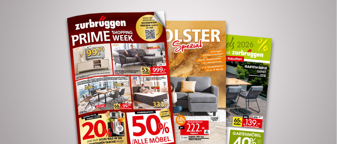 Drei Zurbrüggen-Prospekte mit Angeboten für Möbel und Gartenmöbel vor grauem Hintergrund.