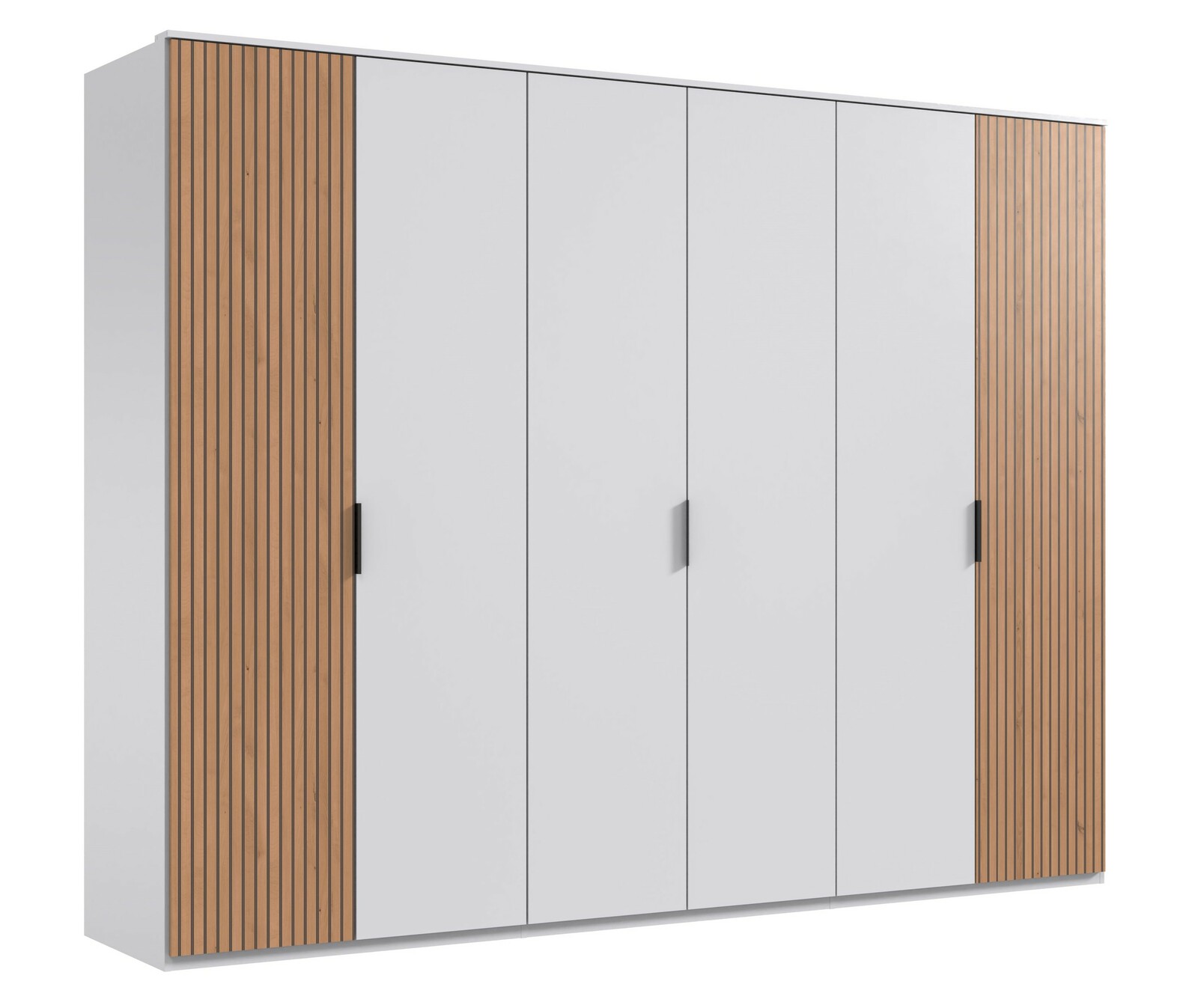 Sechstüriger Drehtürenschrank mit weißen Türen und Holzpaneelen an den Seiten, Frontalansicht